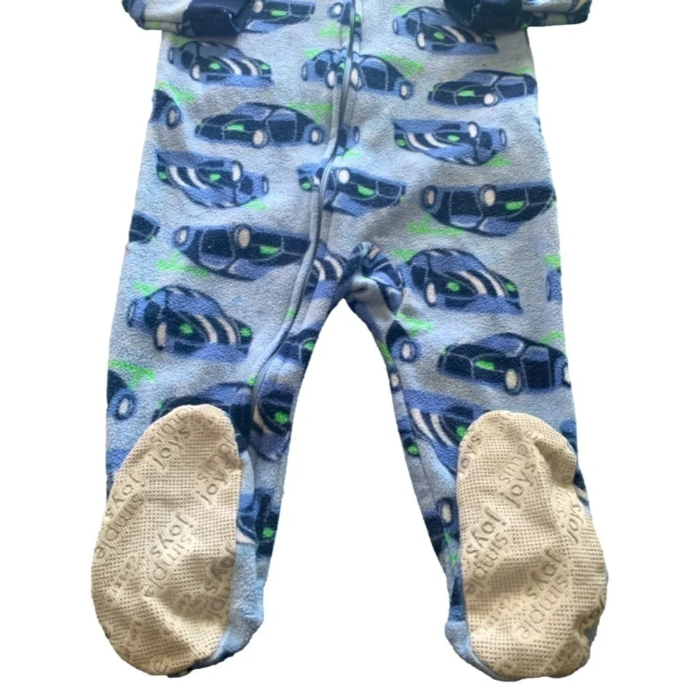 Carters Simple Joys Blue Green Striped Cars Fleece Onesie Footed Pajamas 12mos